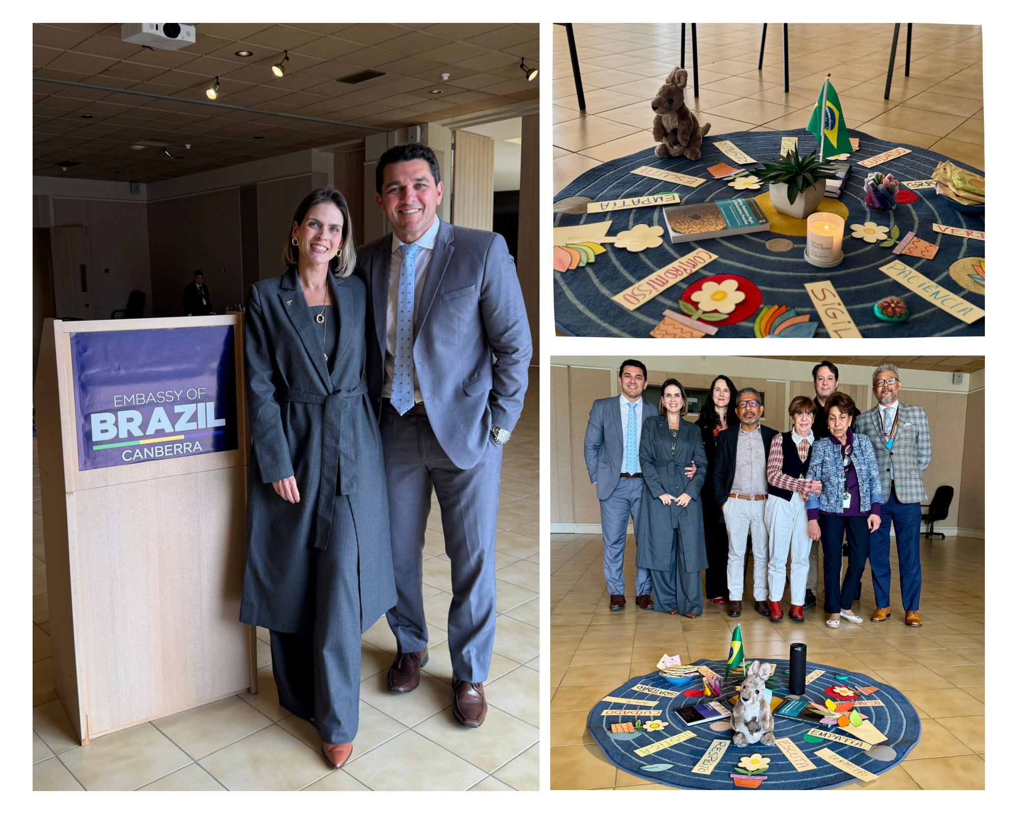 Registros da visita e da vivência em círculo realizadas na Embaixada do Brasil em Camberra, Austrália.