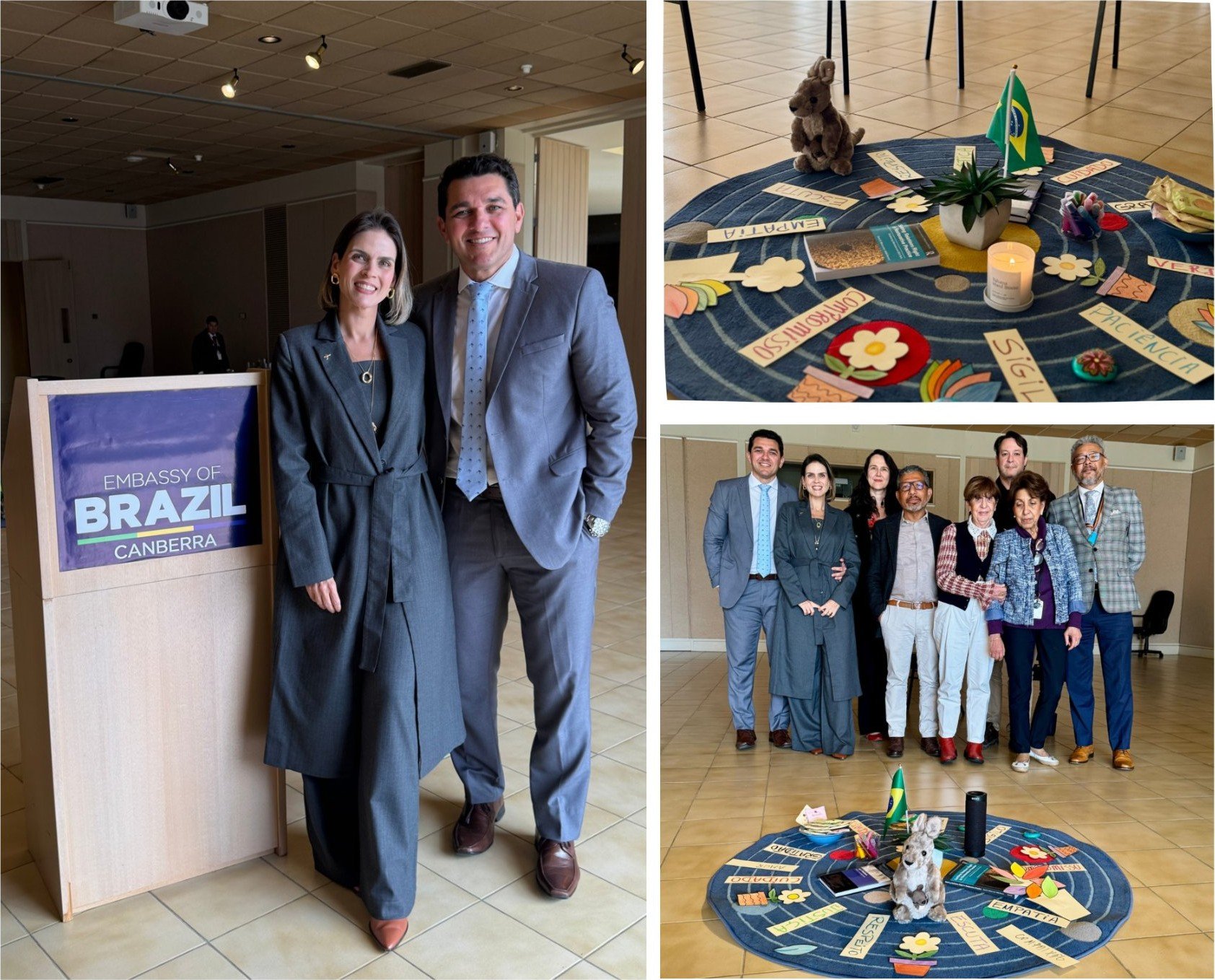 Registros da visita e da vivência em círculo realizadas na Embaixada do Brasil em Camberra, Austrália.